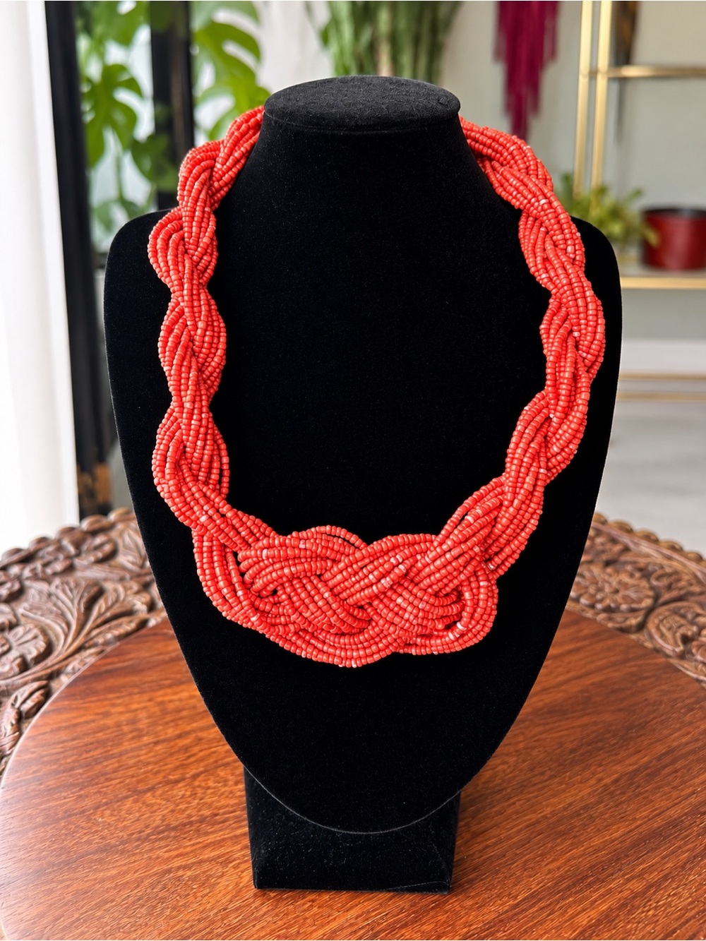 Chunky Coral Red Seed Bead Multi Strand Knotted Statement Necklace Boho